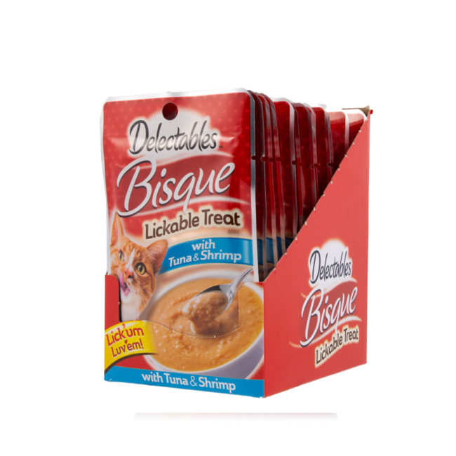 Hartz Delectables Lickable Treat for cats, front of opened carton. Tuna and Shrimp Bisque.