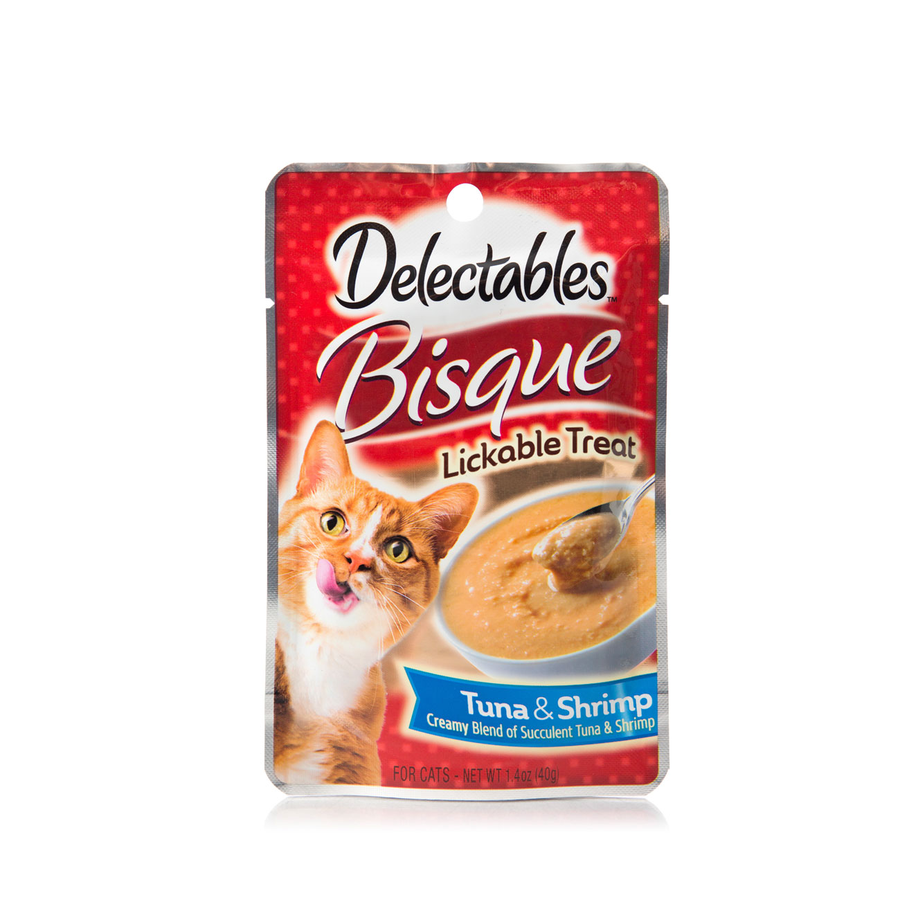 Hartz Delectables Lickable Treat for cats, front of package. Tuna and Shrimp Bisque.