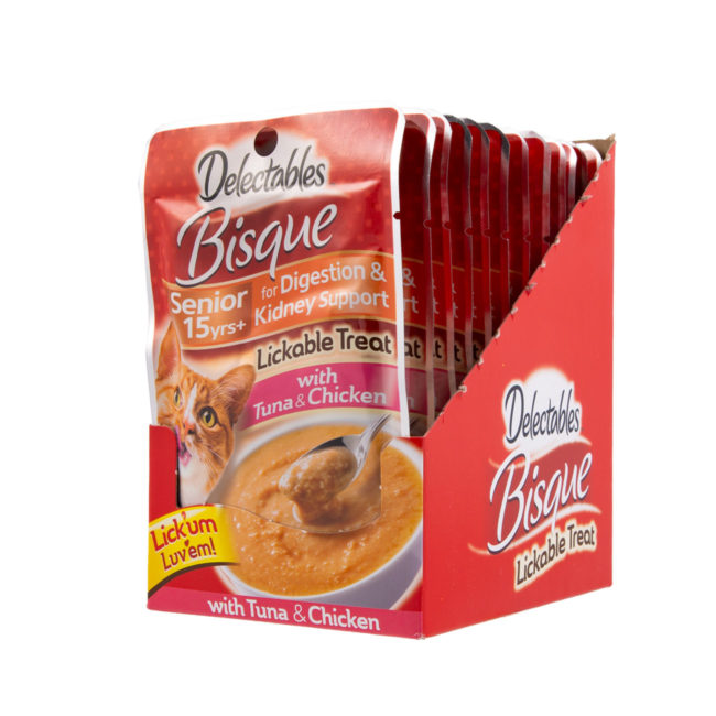 Front of Hartz Delectable Lickable Treat Bisque Tuna and Chicken for Senior Cats carton. Delectable Lickable Treat is a senior cat treat.