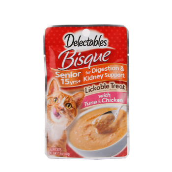 Front of Hartz Delectable Lickable Treat Bisque Tuna and Chicken for Senior Cats package. Delectable Lickable Treat is a senior cat treat.