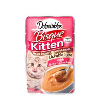 Delectables lickable treat bisque tuna and chicken for kittens. Front of package. Hartz delectables lickable treats are the first wet cat treat.