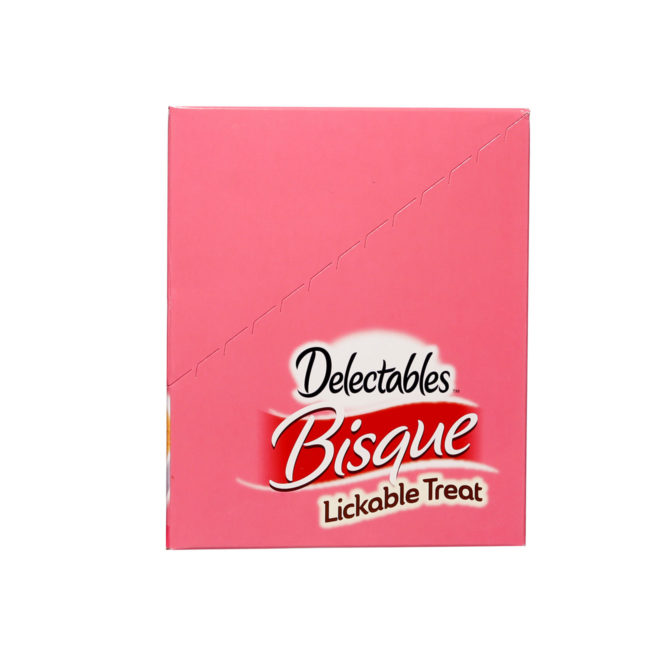 Delectables lickable treat bisque tuna and chicken for kittens. Side of closed carton. Hartz delectables lickable treats are the first wet cat treat.