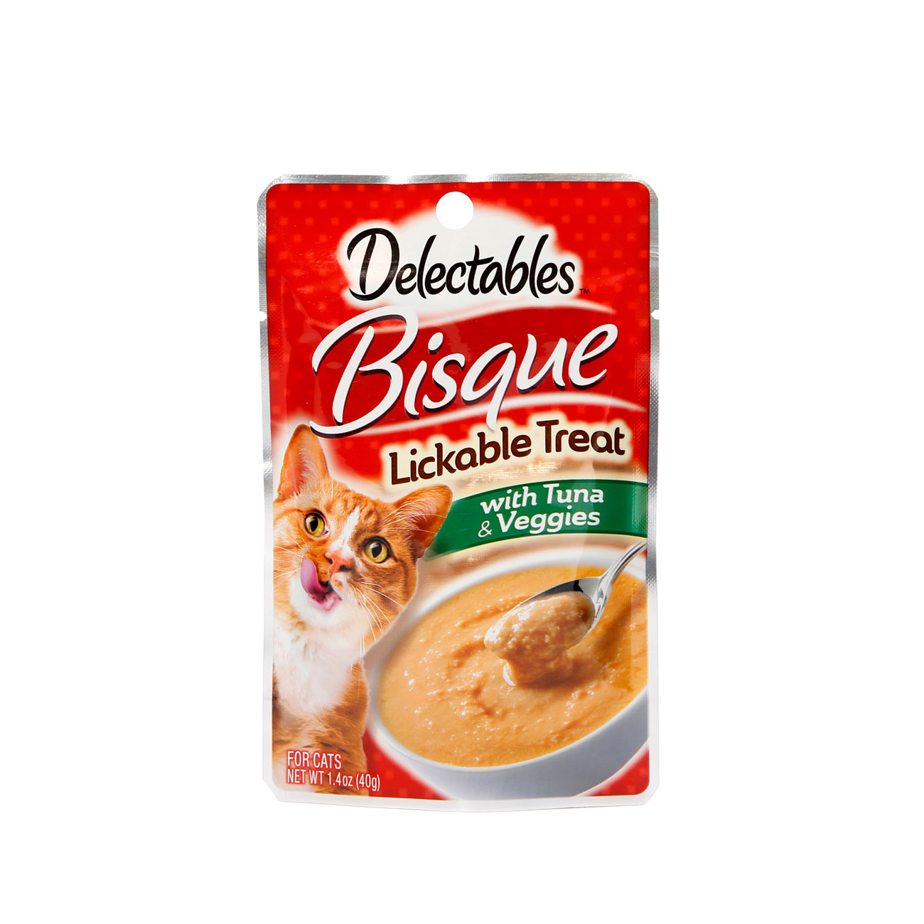 Front of Hartz Delectables Lickable Treat Bisque with Tuna and Veggies. Delectables Lickable Treat is the first lickable wet cat treat.
