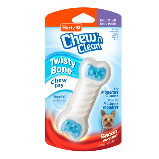 Bacon scented twisty chew toy for extra small dogs. Hartz SKU# 3270015686.