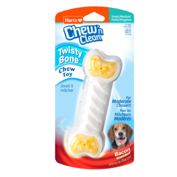 Yellow bacon scented twisty chew toy for extra small dogs. Hartz SKU# 3270015686.