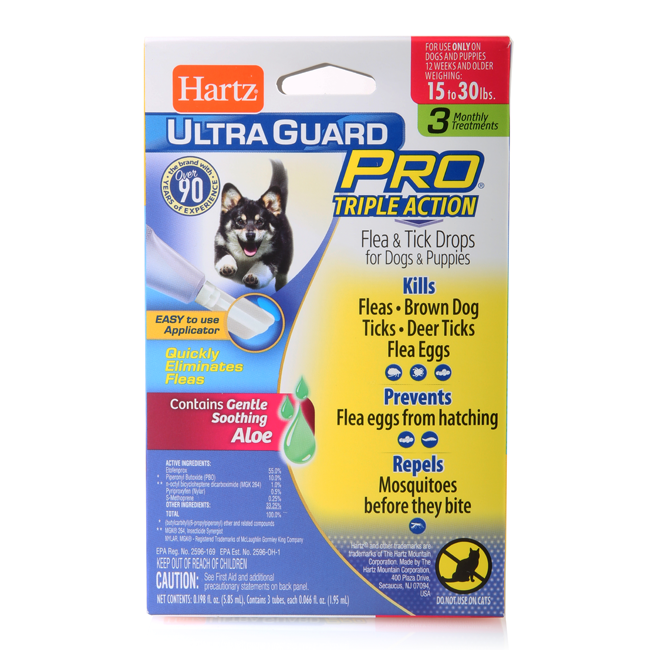 Hartz SKU#3270010875. Hartz UltraGuard Pro flea and tick treatment for dogs. Front of package.