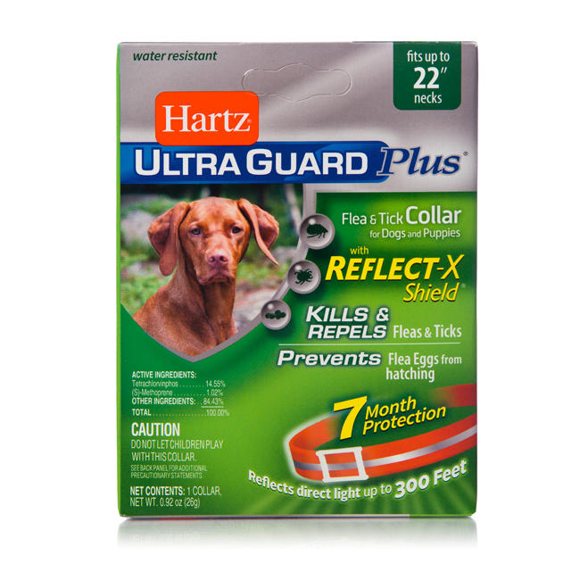 Hartz UltraGuard Plus flea and tick collar. Orange reflective dog collar. Hartz SKU#3270011068