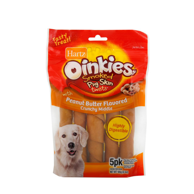 Hartz Oinkies smoked pig skin twists with peanut butter flavor. Front of package. Hartz SKU# 23270012152