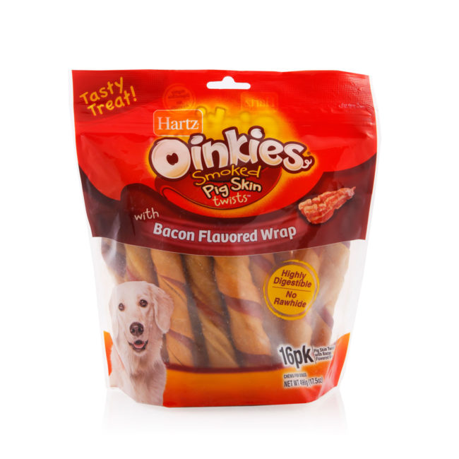 A pack of 16 pig skin dog treats, bacon flavor, Hartz SKU# 3270015485