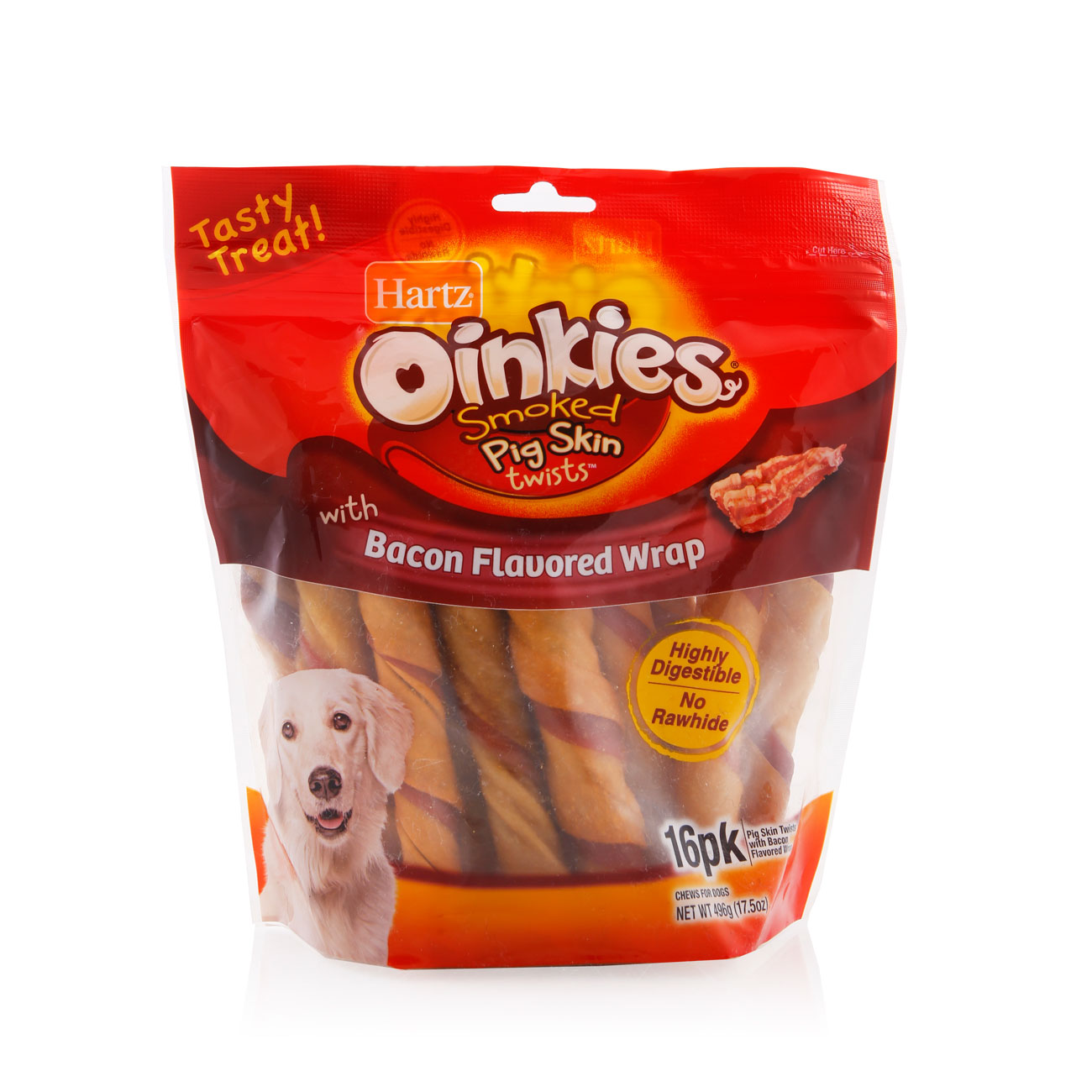 A pack of 16 pig skin dog treats, bacon flavor, Hartz SKU 3270015485