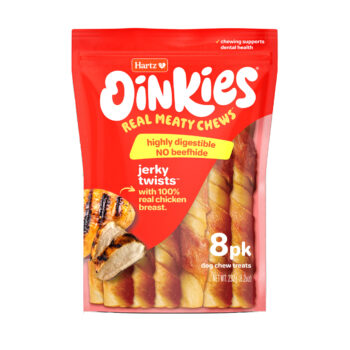 Hartz Oinkies jerky twists. Hartz SKU# 3270015585. Front of package.