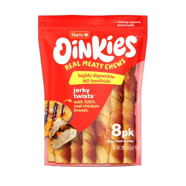 Hartz Oinkies jerky twists. Hartz SKU# 3270015585. Front of package.