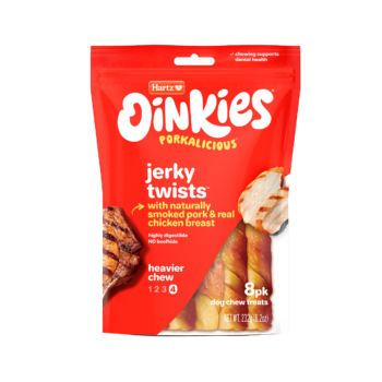 Hartz Oinkies Porkalicious jerky twists pork dog treats.