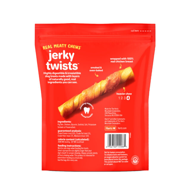 Hartz Oinkies Porkalicious dog treats. Back of package. Hartz SKU# 3270015586.