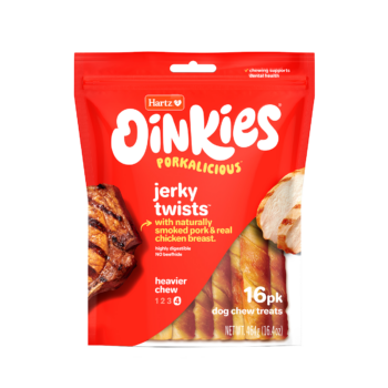 Hartz Oinkies Porkalicious jerky twists pork dog treat. 16 pack.