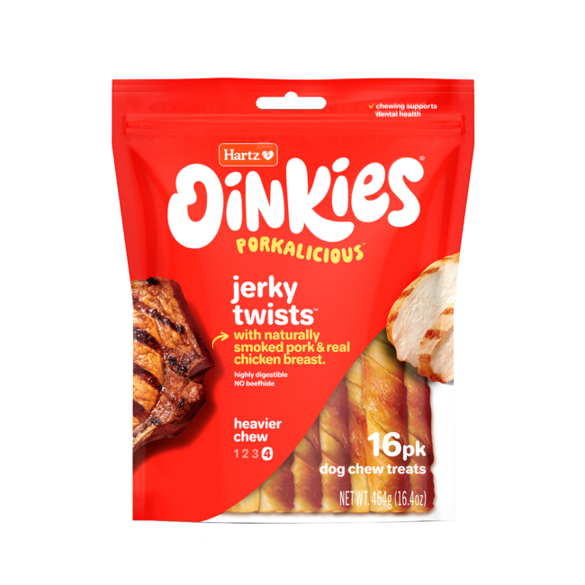 Hartz Oinkies Porkalicious jerky twists pork dog treat. 16 pack.
