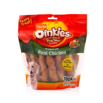 A pack of 16 pig skin dog treats, chicken wrapped, Hartz SKU 3270015586