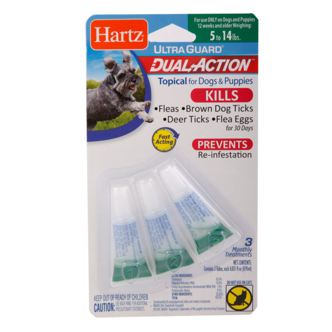 Hartz SKU#3270015648. Hartz UltraGuard Dual Action Topical for Dogs. Flea and tick drops for small dogs. Front of package.