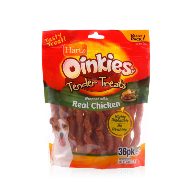 A pack of 36 oinkies tender treats, chicken wrapped, Hartz SKU 3270015683