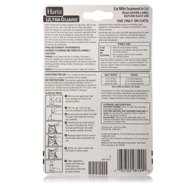 Hartz Ultraguard ear mite treatment for cats. Back of package with instructions for use.