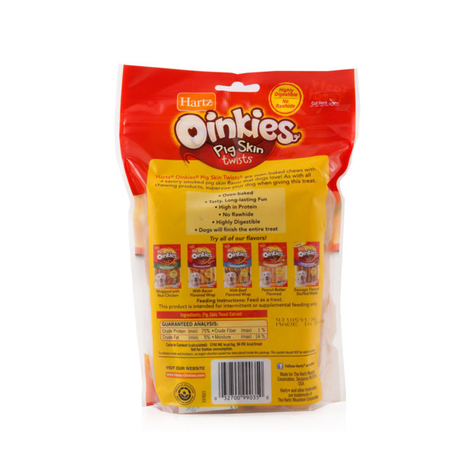 Hartz Oinkies pig skin twists. Back of package. Smoked pig skin dog treat. Hartz sku#3270099035