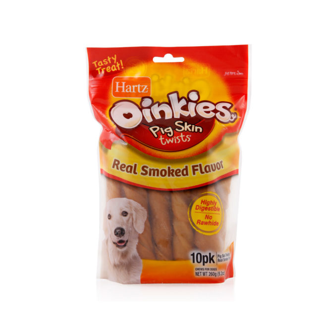 Hartz Oinkies pig skin twists with real smoked flavor. Oinkies is a dog treat with real smoked flavor. Hartz sku#3270099035