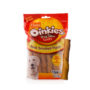 Hartz Oinkies pig skin twists. Front of package. Picture of real smoked flavor dog treat out of package.