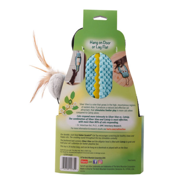 Cattraction silver vine and catnip Gator Scratch cat toy. Back of package.