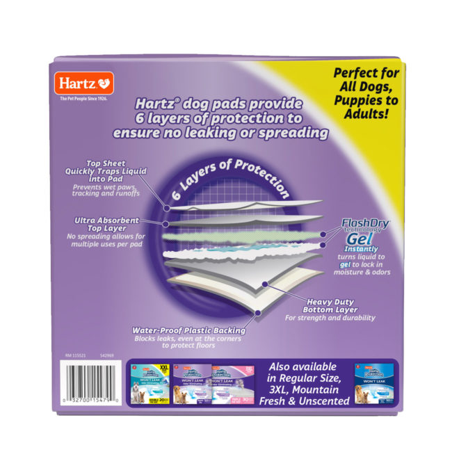 Hartz Home Protection Odor Eliminating Dog Pads. Back of XL 20 count package. Hartz SKU# 3270015479