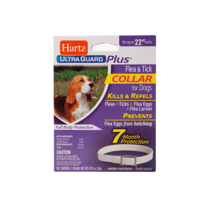 Hartz UltraGuard Plus flea & tick collar for dogs. Front of package. Hartz SKU#3270094267