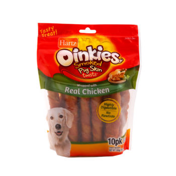 Hartz Oinkies pig skin twists are smoked pig skin with chicken