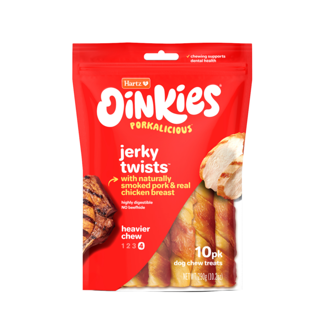 Hartz Oinkies Porkalicious jerky twists pork dog treats. 10 pack.