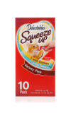 Delectables SqueezUp Variety Pack is the first gourmet wet cat treat where feeding is interactive. Front of package picturing a cat eating from a squeezeup tube being held by a hand.