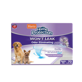 Hartz Home Protection Odor Eliminating Dog Pads. Front of 70 count package. Hartz SKU# 3270015769