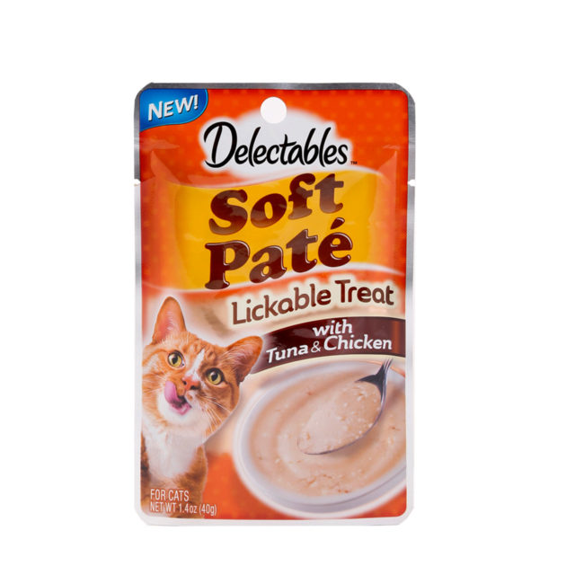 Hartz delectables lickable treat pate with tuna and chicken. Front of package has an image of a cat and a bowl of lickable treat pate.