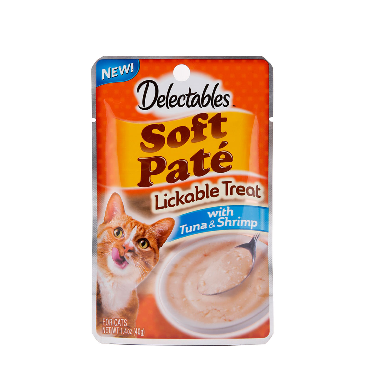 Hartz delectables lickable treat pate with tuna and shrimp. Front of package has an image of a cat and a bowl of lickable treat pate.