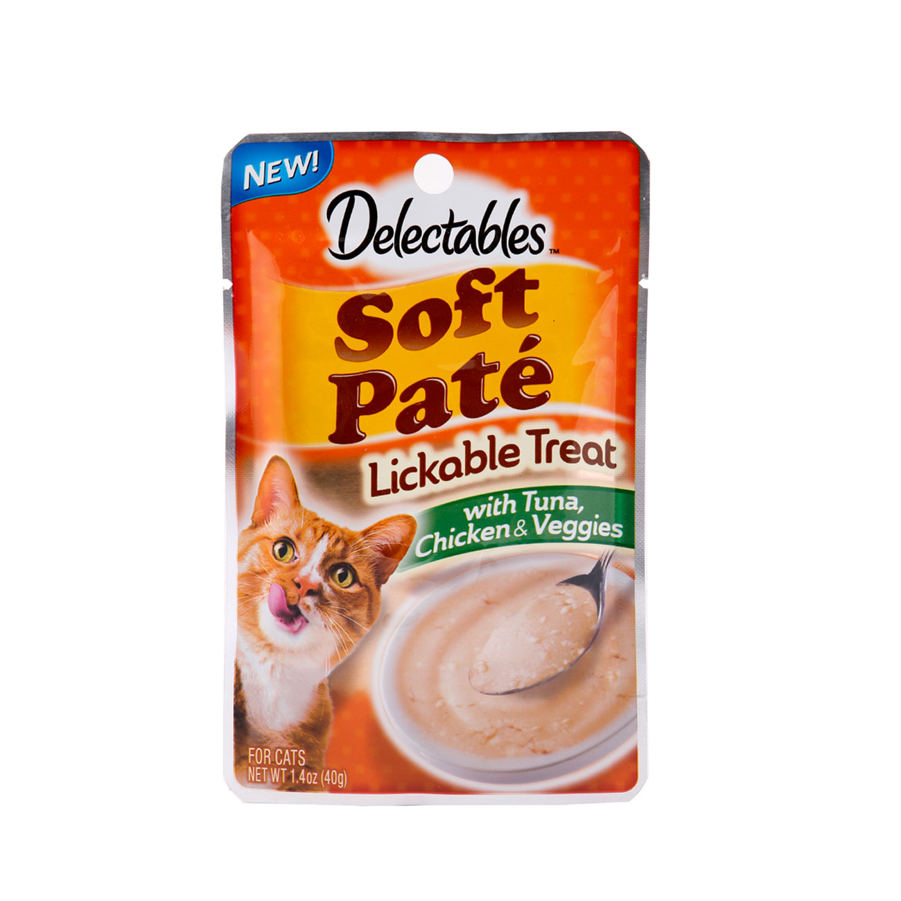 Hartz delectables lickable treat pate with tuna, chicken and veggies. Front of package has an image of a cat and a bowl of lickable treat pate.