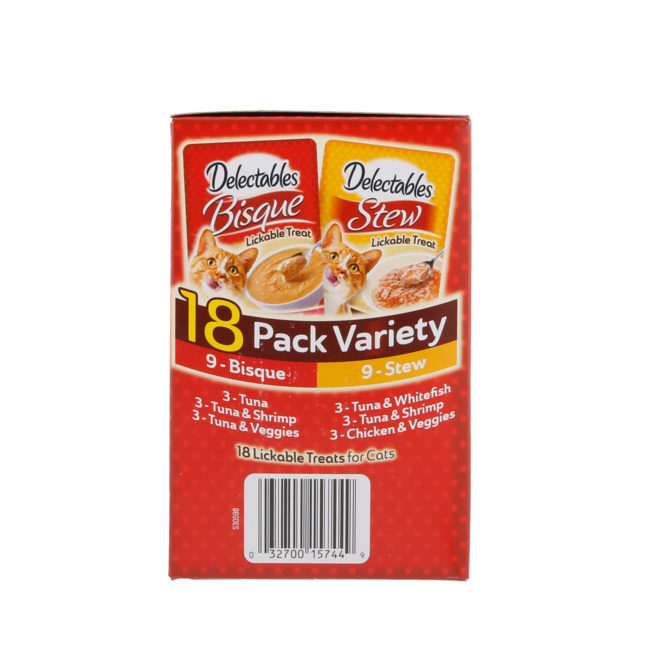 Hartz Delectables™ Lickable Treat 18 pack Variety pack. Side of package. The package has a picture of the Hartz Delectables lickable treat stew and bisque packages.