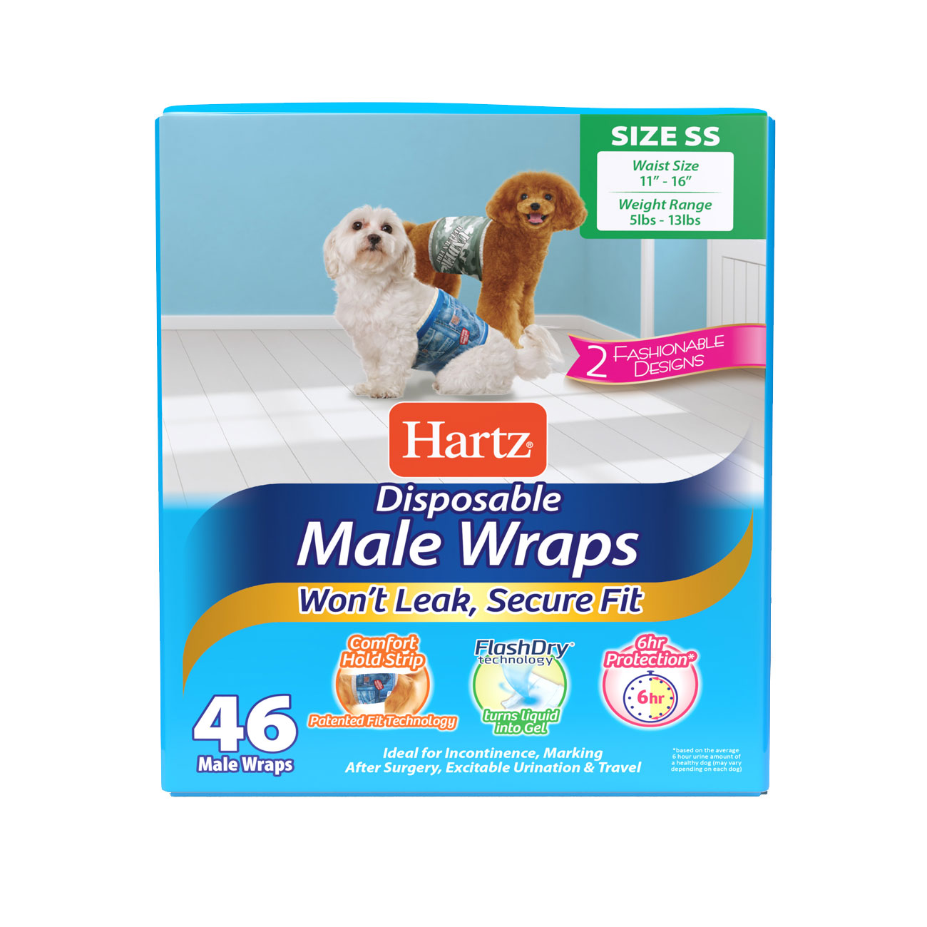 Hartz SKU# 3270011246. Hartz disposable male wraps. Back of 46 count package. Avoid unpleasant messes with Hartz disposable male wraps and Hartz disposable dog diapers. Front of package.