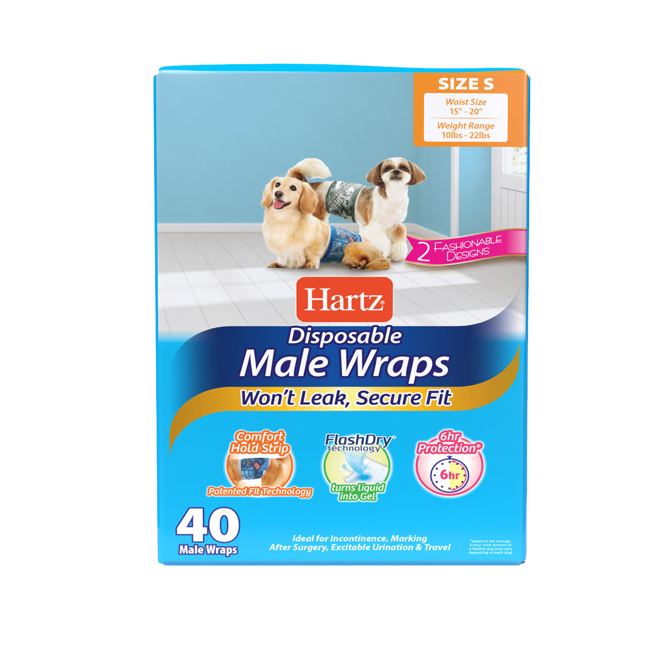 Hartz SKU#3270011247. Hartz disposable male wraps. Front of package. Avoid unwanted accidents with Hartz male wraps and Hartz disposable dog diapers.