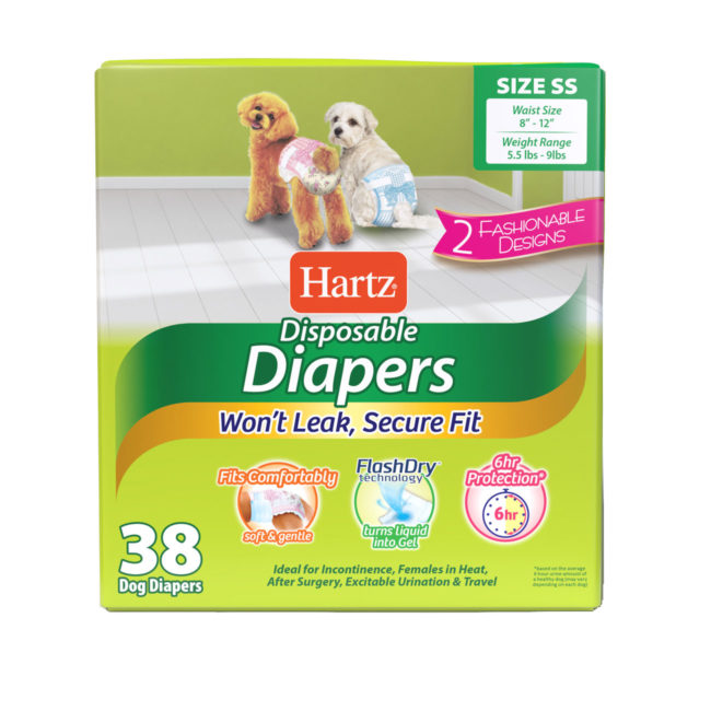 3270011241. Hartz disposable diapers. Front of package. Avoid unpleasant accidents with Hartz disposable diapers. Extra small dog diapers.