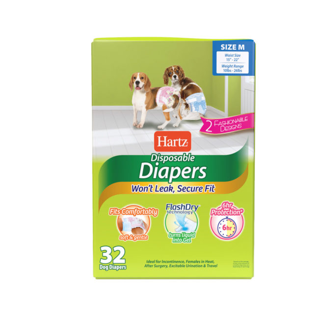 Hartz disposable diapers. Front of package. Avoid unpleasant messes with Hartz disposable diapers. Medium diapers for dogs. Hartz SKU#3270011243.