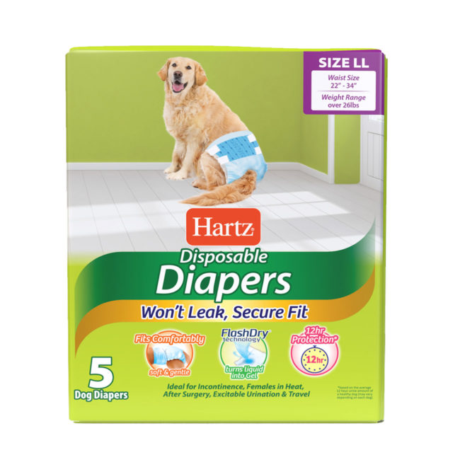 Hartz SKU#3270011244. Hartz disposable diapers. Front of package. Avoid unpleasant messes with Hartz disposable diapers and Hartz disposable male wraps.