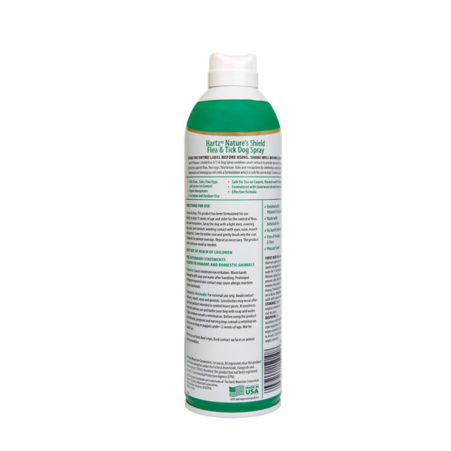 3270015910. Hartz Nature’s Shield flea and tick dog spray. Left side of bottle. Hartz Nature's Shield is a natural flea and tick dog spray.