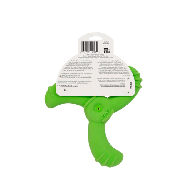 Hartz SKU#3270011227. Hartz Dura Play Boomerang dog toy. Green, back of package. A dog toy for puppies.