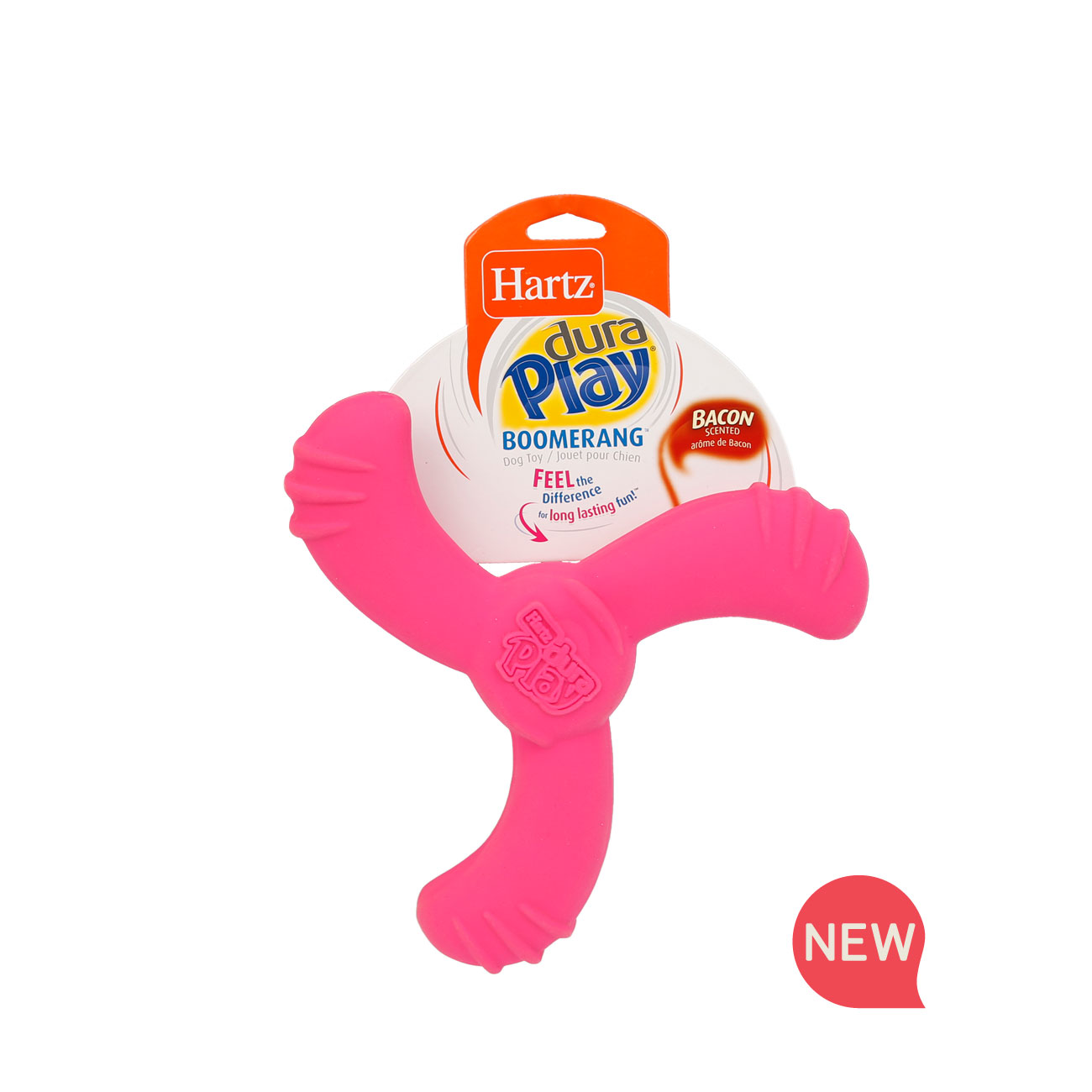 Hartz SKU#3270011227. Hartz Dura Play Boomerang dog toy. Pink squeaky dog toy. One of many Hartz toys for dogs.