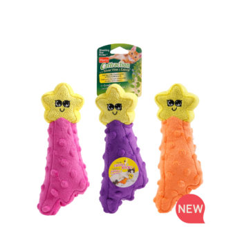 Hartz SKU#3270015905. Hartz Cattraction with silver vine and catnip shooting star kicker cat toy. Available in three colors. Pink, Purple and Orange.