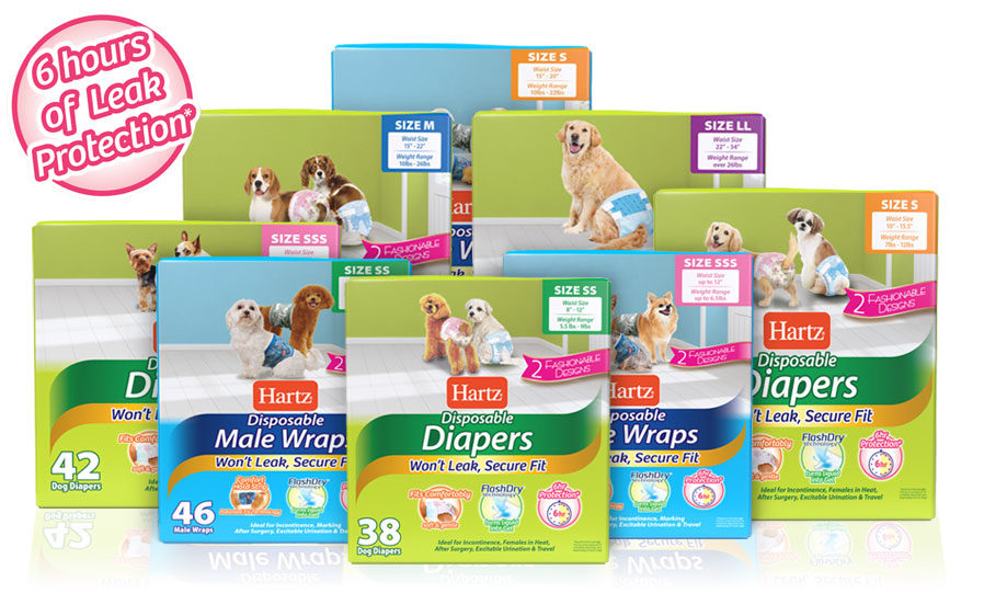 Hartz disposable dog diapers and disposable male wraps. Available in a variety of sizes from extra small to extra large.