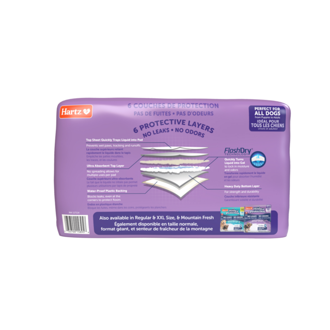 Hartz Home Protection Odor Eliminating Dog Pads. Back of 3XL 30 count package. Hartz SKU# 3270015895