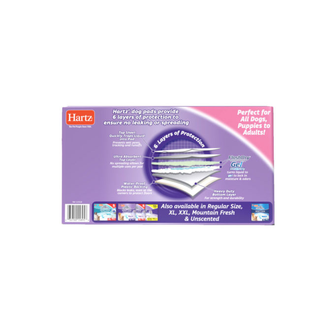 Hartz Home Protection Odor Eliminating Dog Pads. Back of 3XL 30 count package. Hartz SKU# 3270015895